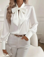 Amelia | Satin Bow-Tie V-Neck Blouse