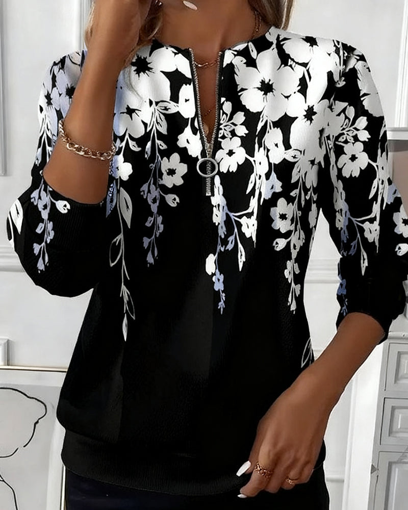 Printed Sweatshirt with Half Zipper and Collar